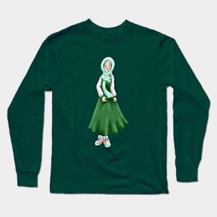 ANIME HIJAB GIRL SCHOOL UNIFORM (GREEN) Long Sleeve T-Shirt